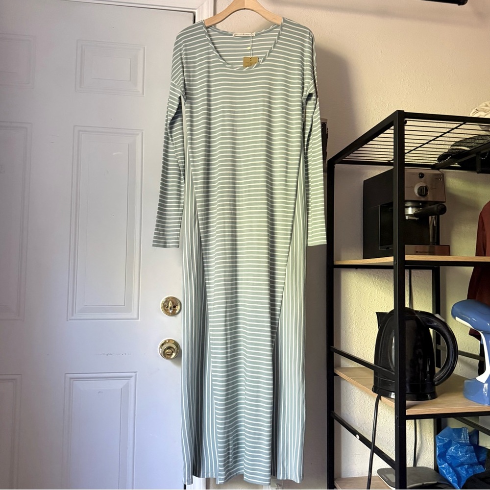 NWT PERUVIAN CONNECTION sage white modal striped scoop‎ neck long sleeve maxi